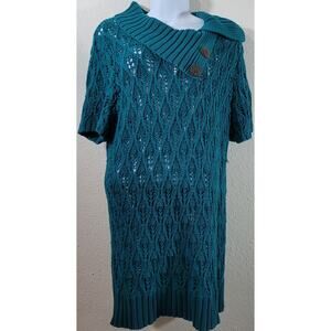 Cato Dark Teal Cowl Neck Chunky Knit Short Sleeve Sweater 18W 20W Plus Stretchy